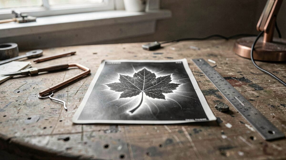 Una placa fotográfica en blanco y negro sobre una mesa de taller, con la corona luminosa de una hoja de planta revelada en el centro, un electrodo de cobre a un lado y una regla metálica junto a la placa, luz lateral de una lámpara de mesa.