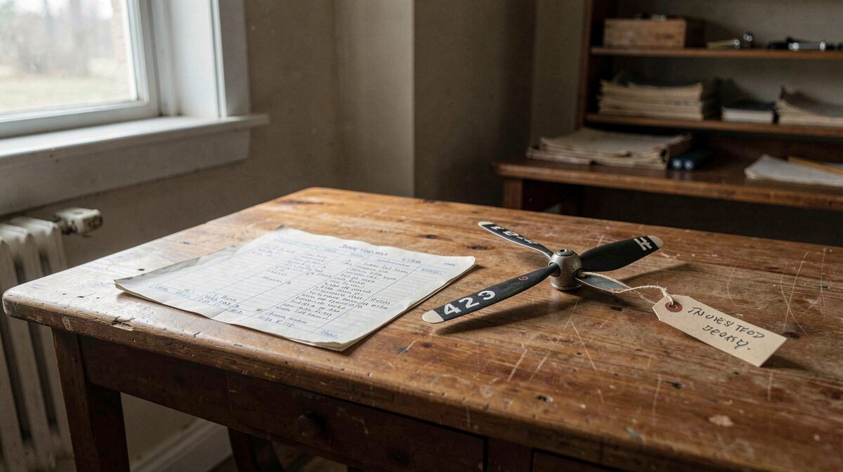 Una mesa de consulta en una sala de archivo con una lista de vuelo mecanografiada, una carta manuscrita y una pequeña hélice de avión numerada con etiqueta de inventario, iluminadas por luz lateral de ventana.
